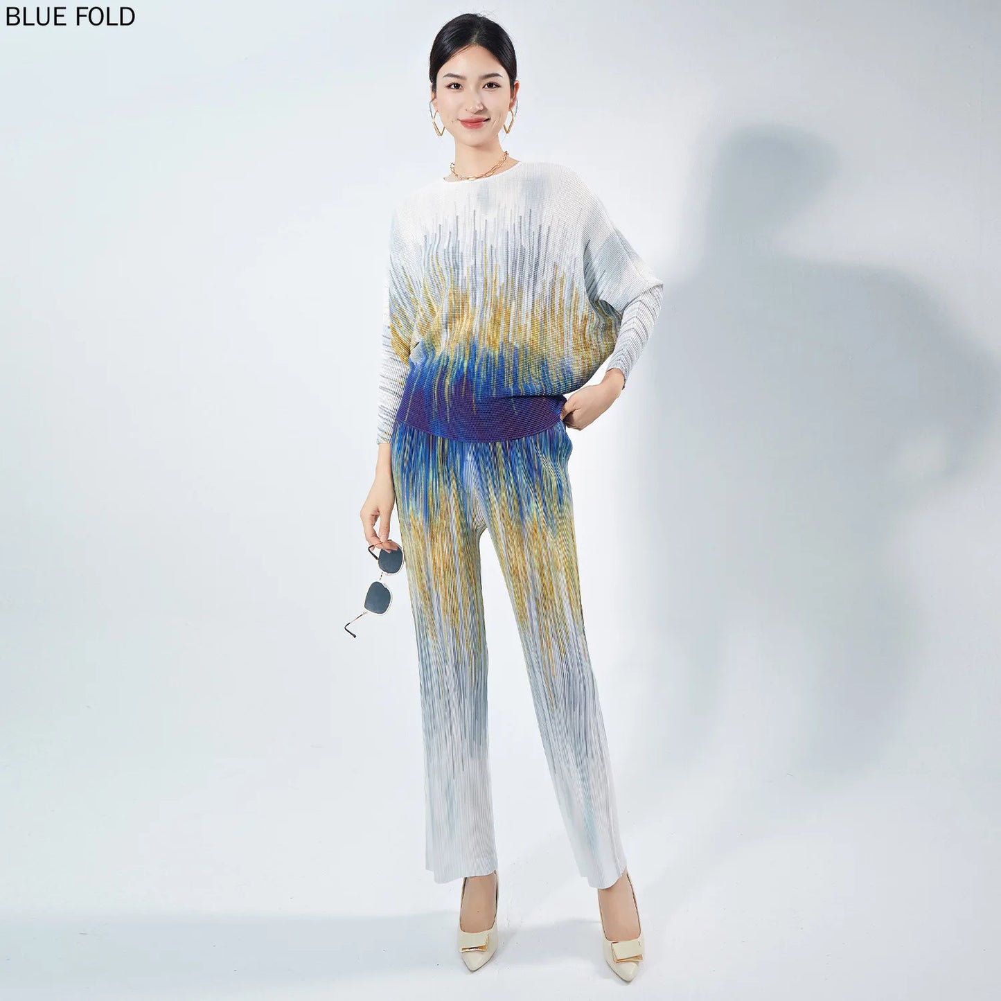 MIYAKE-Women's Printed Round Neck Long-Sleeved Top and Straight-Leg Pants, Pleated Tshirt Sets, High-End Fashion Suit