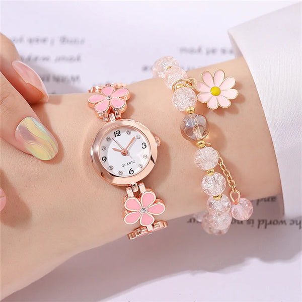 Sweet Flower Style Rhinestone Quartz Women Bracelet Watch