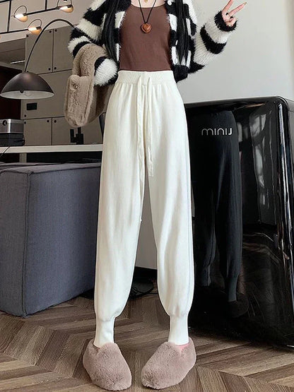 Wool Women Casual Haem Pants Loose Trousers for Women Knitted Pants Autumn Winter Solid Color Sweater Trousers with Pockets