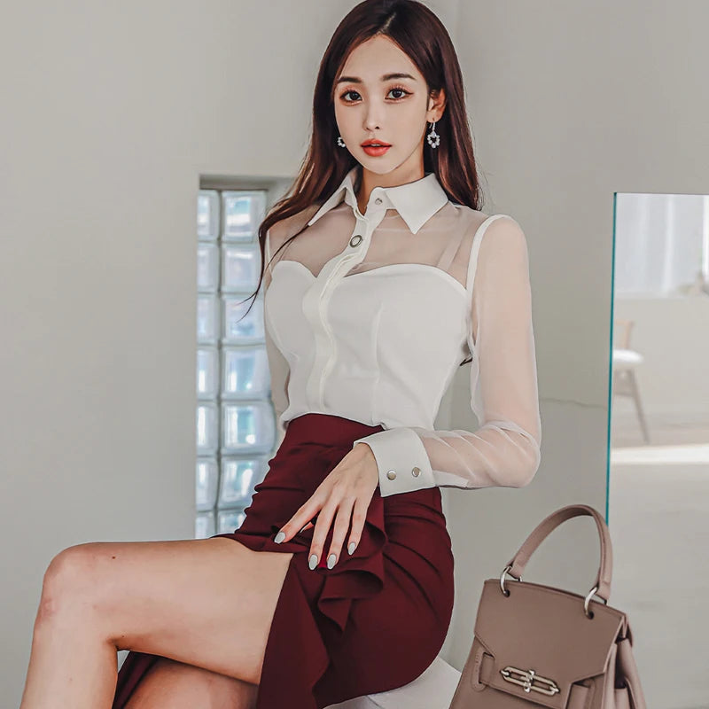 New Fashion Runway Fall Skirt Suit Women's White Blouse And Pencil Skirt 2 Two Pieces Set