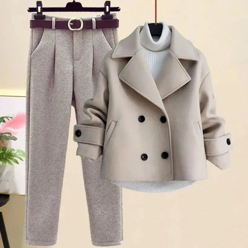 Autumn Winter Wool Suit Jacket Jacket Long Sleeve Knitted Sweater Casual Trousers Three Piece Set Elegant Women's Pant Set