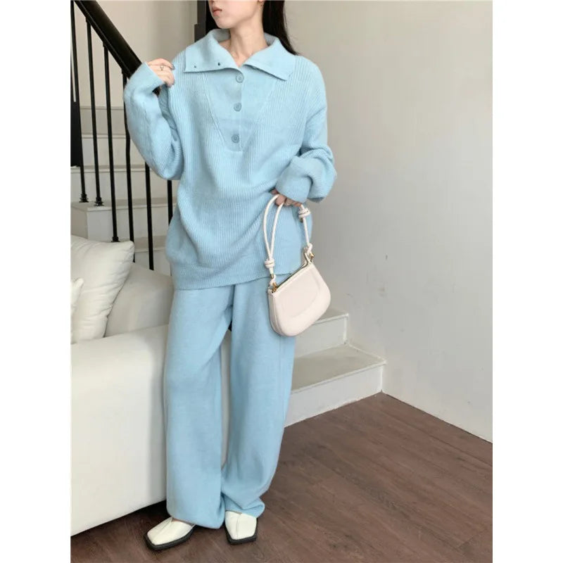 Women Elegant Cashmere Pants Suit for Autumn Winter New Fashion Lapel Sweater Suit Knitwear Casual Pants Female Two-piece Sets