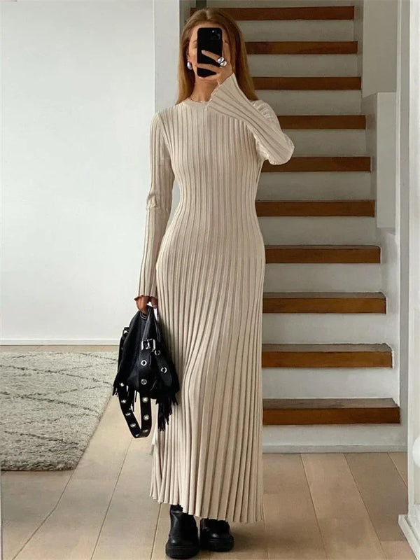 Tossy Lace-Up Female Knit Maxi Dress Autumn High Waist Fashion Patchwork Long Sleeve Loose Solid Dress Bandage Knitwear Dress