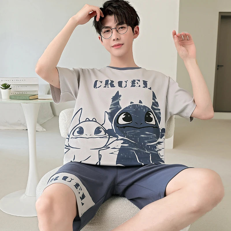 2025 Summer Men’s Sleepwear Cotton Cartoon Pajamas Sets For Man Short Loungewear Young Home Wear Fasion Student Pyjama Set Homme