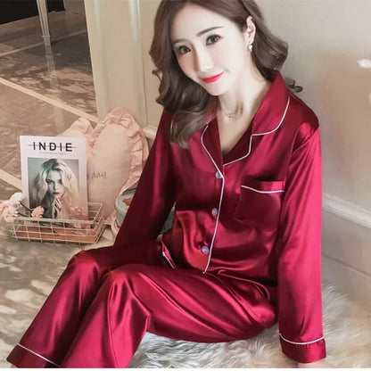 Silk Pajamas for Women Sexy Silk Women Pijama Sets Sleepwear Long-sleeve Cardigan Female Ice Silk Home Pijama Mujer Verano