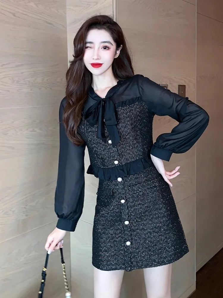 Elegant Commuter Suit Autumn New French Lace-Up Bow Chiffon Ruffle Edge Splicing Shirt+High Waist A-Line Skirt 2-Piece Set Women