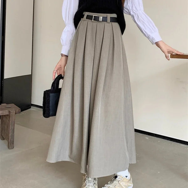 New Korean Skirt Women Solid Color Versatile Mid-length Pleated Skirt Large Swing Type Skirt Female Long Skirts for Women