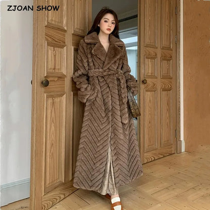 Winter Brown Embossing Wave Strip Pattern Faux Mink Fur Coat CHIC Women Bow Sashes Full Sleeve Loose Warm X-Long Outerwear