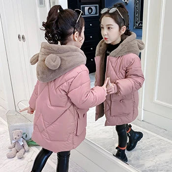 Autumn Winter Girls Jacket Cute Rabbit Bear Keep Warm Little Princess Plush Jacket Hooded Zipper Sweater 3-12 Years Kids Clothes