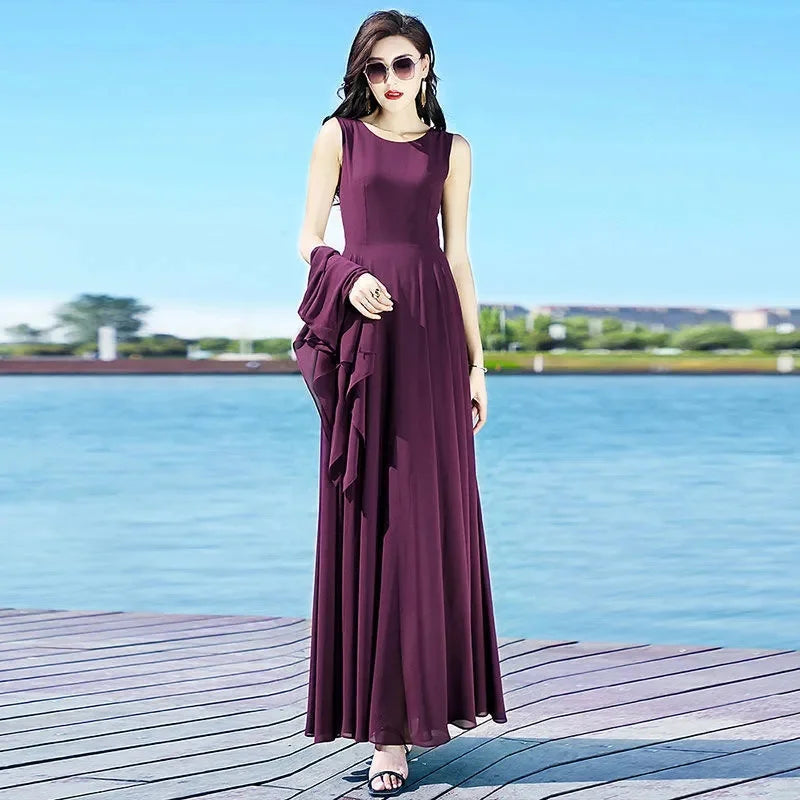 Female Korean Fashion Chiffon Dress Cardigan Two-piece Set, Women's Summer Suit Dress, Trendy Temperament, Slim Long Dress,