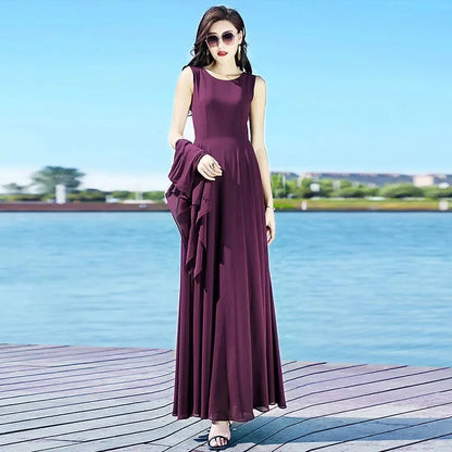 Female Korean Fashion Chiffon Dress Cardigan Two-piece Set, Women's Summer Suit Dress, Trendy Temperament, Slim Long Dress,