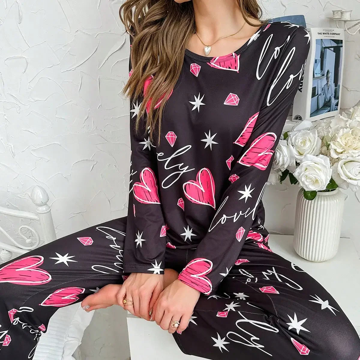 Aututmn Winter Leopard Print Pajamas for Women Heart Pattern Long Sleeve Pijamas Milk Silk O-neck Homewear Girls Sleepwear