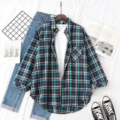 New Fashion Loose Womens Plaid Shirt Fresh College Style Design Blouses And Tops Long Sleeve Casual Female Checked Clothes