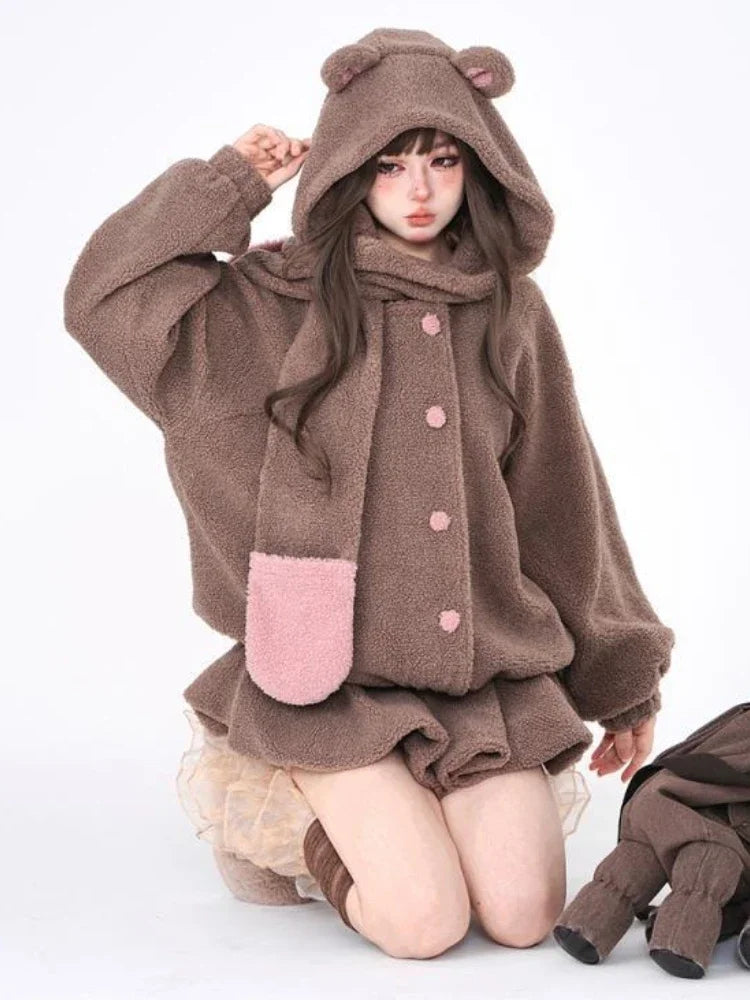 Winter Warm Kawaii Two-piece Set Women Wool Korean Elegant Skirt Suit Japanese Sweet Hooded Coat + Lolita Party Mini Skirt