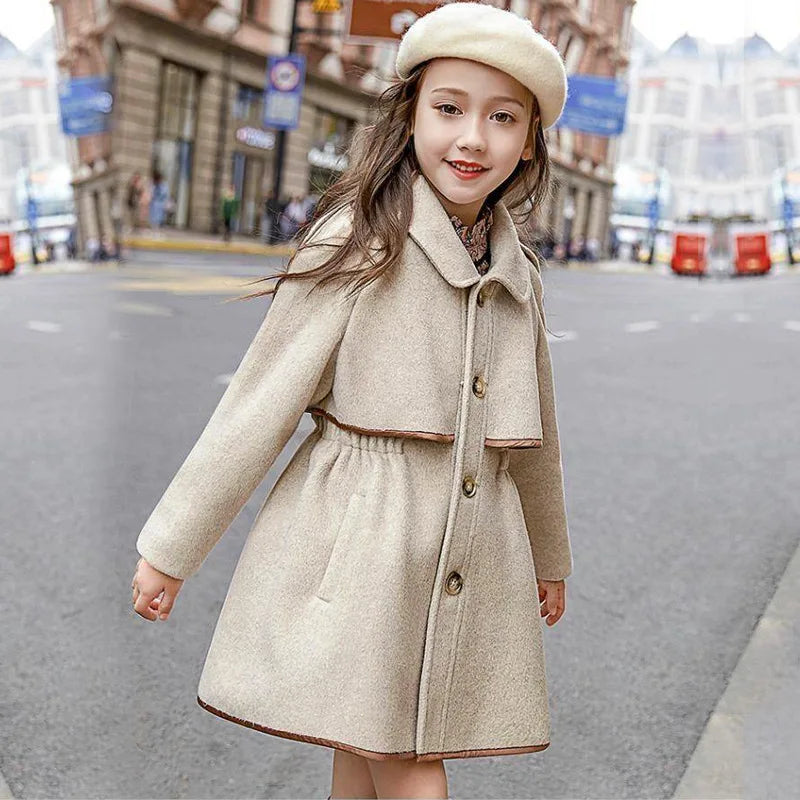 Winter Beige Thick Long Jackets Little Kid's Girls Coat Breasted Woolen Overcoat Cotton Trench Jackets Teenage Girl Coat 2-16Y