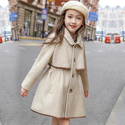 Winter Beige Thick Long Jackets Little Kid's Girls Coat Breasted Woolen Overcoat Cotton Trench Jackets Teenage Girl Coat 2-16Y