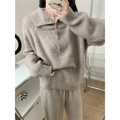 Women Elegant Cashmere Pants Suit for Autumn Winter New Fashion Lapel Sweater Suit Knitwear Casual Pants Female Two-piece Sets