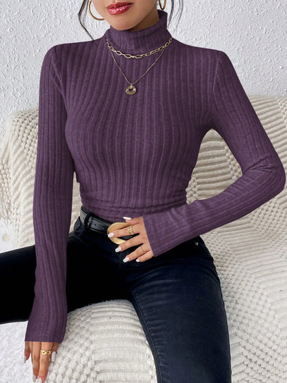 Autumn and Winter Sexy Texture Pit Stripe Slim Knit Long Sleeve Women's t-shirt New High Neck Women's Tops Casual Women's Tops