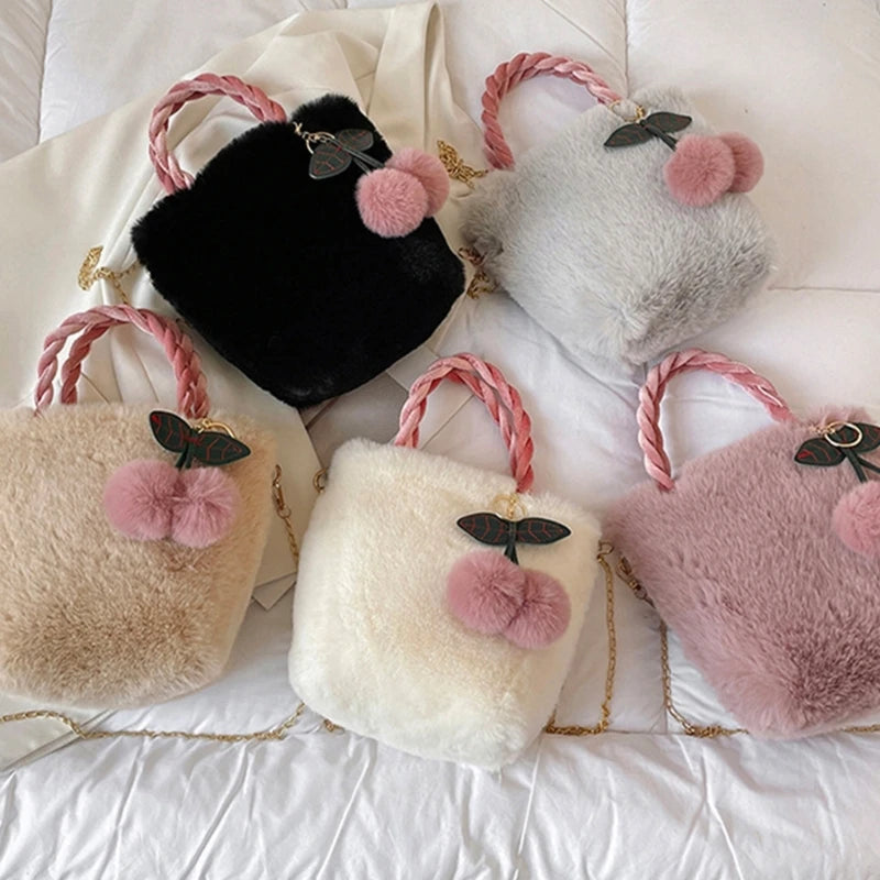 Cute Cherry Plush Bag Handbag Korean INS Autumn Winter Versatile Shoulder Bag Fashion Plush Crossbody Bag Ladies Chain Bag