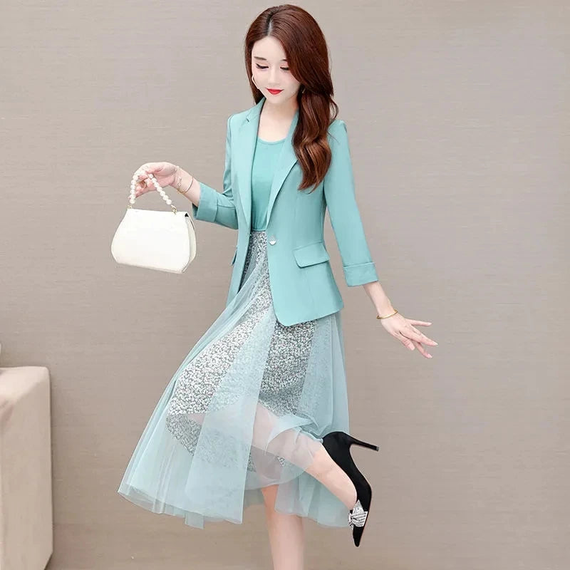 Blazer+Printing Chiffon Dress Suits Women's Female New Waist Slim Mid-Long Simple Summer Dress Mother Two-Piece Set Elegant