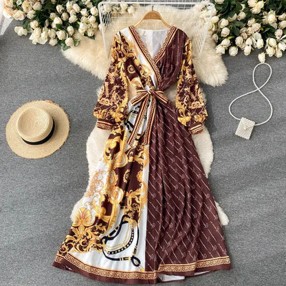 ZCWXM Spring Bohemian Women Maxi Dresses A-LINE Puff Sleeve V-Neck Long Rebe Female Fashion Evening Ankle-Length Dresses