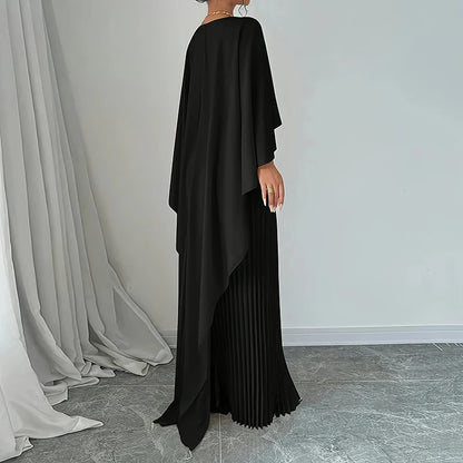 New Spring Elegant Crew Neck Pleated Dresses Women Casual Solid Loose Long Dress Autumn Cloak Sleeves Ruffle Maxi Dress Vestidos