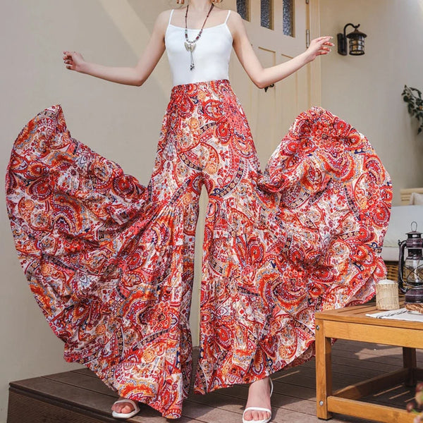 TEELYNN Boho Floral Print Wide Leg Pants for Women Culottes Casual High Waist Loose Cotton Rayon Pant Maxi Skirt Summer Beach