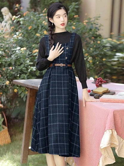 Autumn Winter Plaid Dress Women Spaghetti Strap Woolen Long Dresses With Belt Vintage Party Elegant Vestidos