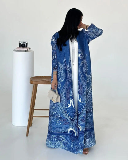 Autumn Women's Long Coat, Retro Printed Long Sleeved Muslim Abaya Saudi Fashion Wrinkled Waist Belt