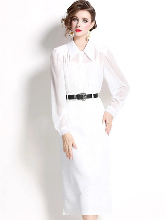 Quality Autumn White Rhinestone Two Piece Set Women Loose Chiffon Shirt Blouse Shinny Bodycon Pencil Maxi Skirt Suit 2pcs Outfit