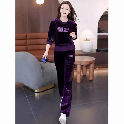 Women's Golden Velvet Sportswear Suit Autumn New Fashion And Casual Round Neck Embroidered Tops Pants 2 Two Piece Set For Women