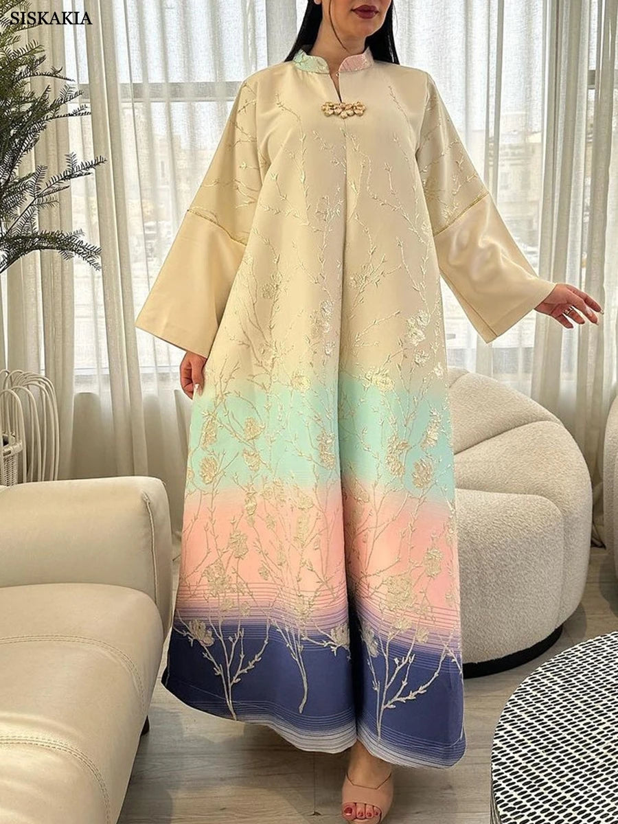 Dubai Fashion Floral Jacquard Gradient Color Elegant Long Dress Moroccan Arab Kaftan