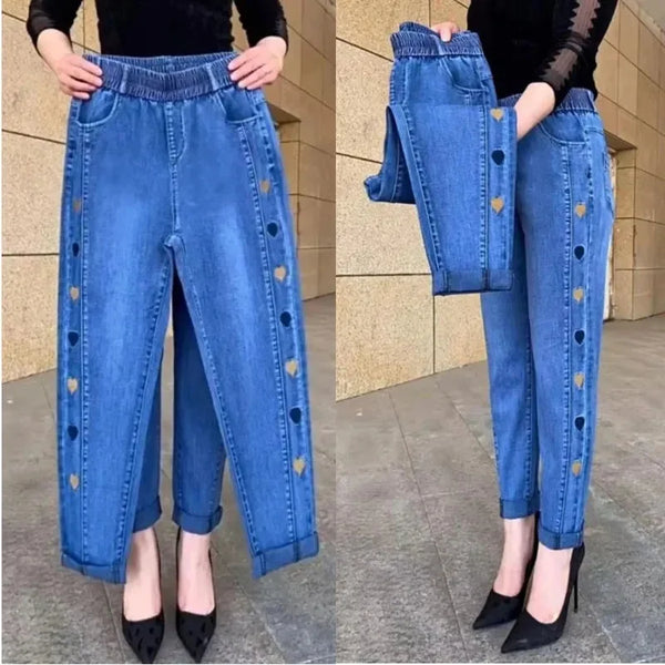 WinterEmbroidery Jeans Women's  Elastic High Waist Jeans 5XL FashionWomen Black Blue Pocket Mom Jeans Skinny Stretch Pants Women