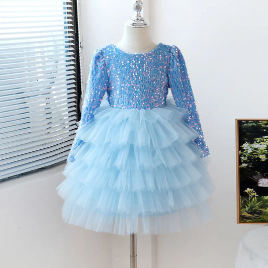 Little Girls Party Dress for Flying Sleeve Solid Child Clothes 2025 New Flower Girl Birthday Princess Dress for 3-8Y Kids Summer