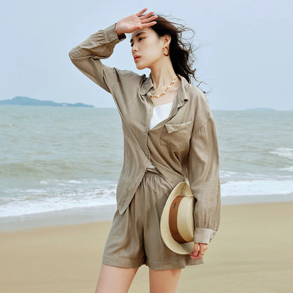 DUSHU Plus Size Women Summer Suit Thin Loose Khaki Green Shirt Suits Full Length Blouse+Shorts Sets