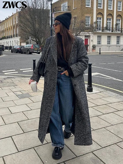 Street Ribbed Woolen Long Coat Women Elegant Double Breasted Lapel Full Sleeve Overcoat Winter New Lady Chic Outwear