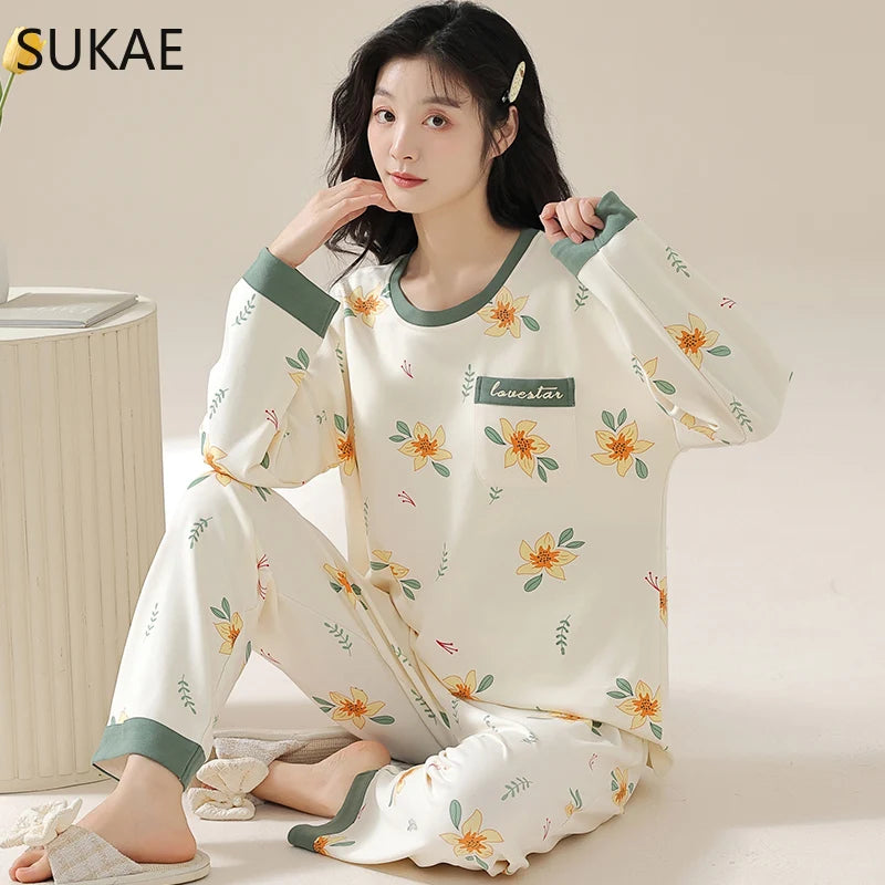 SUKAE M-5XL Big Size Women Pajama Set Autumn Winter New Cotton Long Sleeves Woman Sleepwear Casual Girl Pijama Cartoon Nightwear