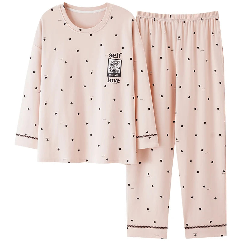 Autumn 100%Cotton Women Pajamas Long Sleeve Women's Pajama Set Print M-5XL Pijama Long Tops+Long Pants Two Piece Set Pyjamas