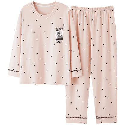 Autumn 100%Cotton Women Pajamas Long Sleeve Women's Pajama Set Print M-5XL Pijama Long Tops+Long Pants Two Piece Set Pyjamas