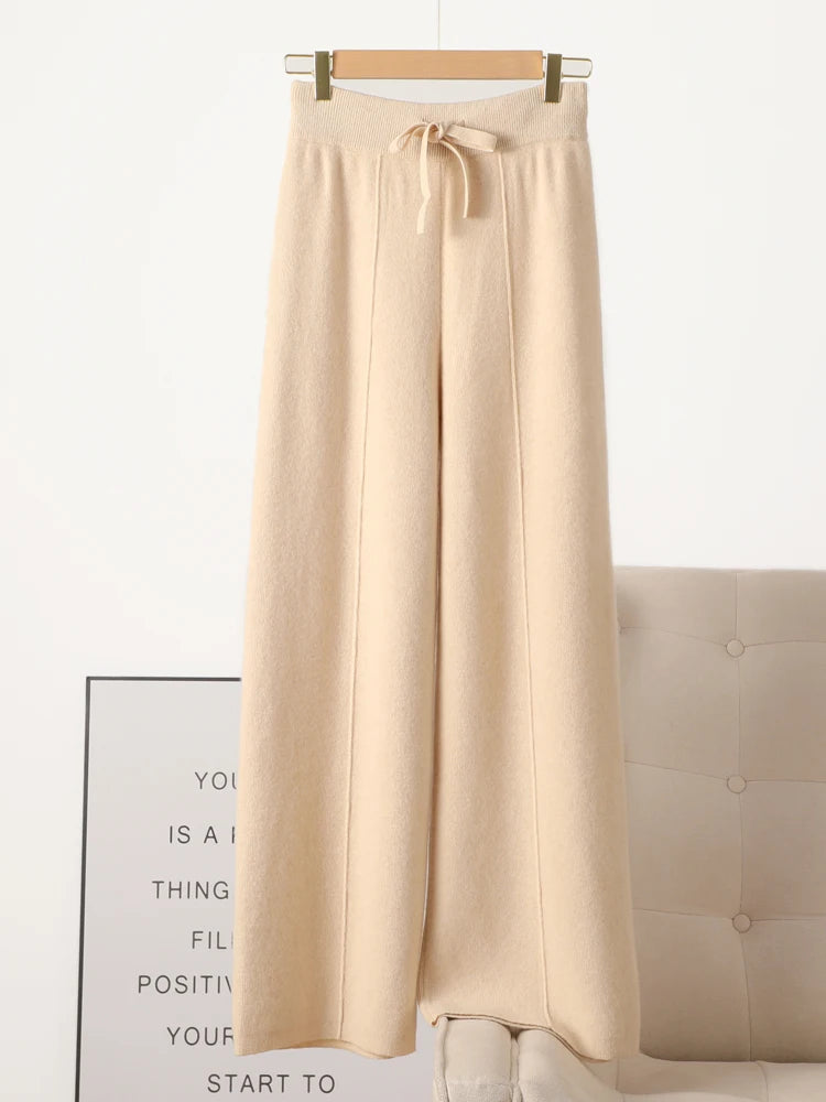 Women 100% Merino Wool Knitted Wide Leg Pants Autumn Winter Basic Soft Warm Cashmere Knit Trousers Casual Simple Style Korean