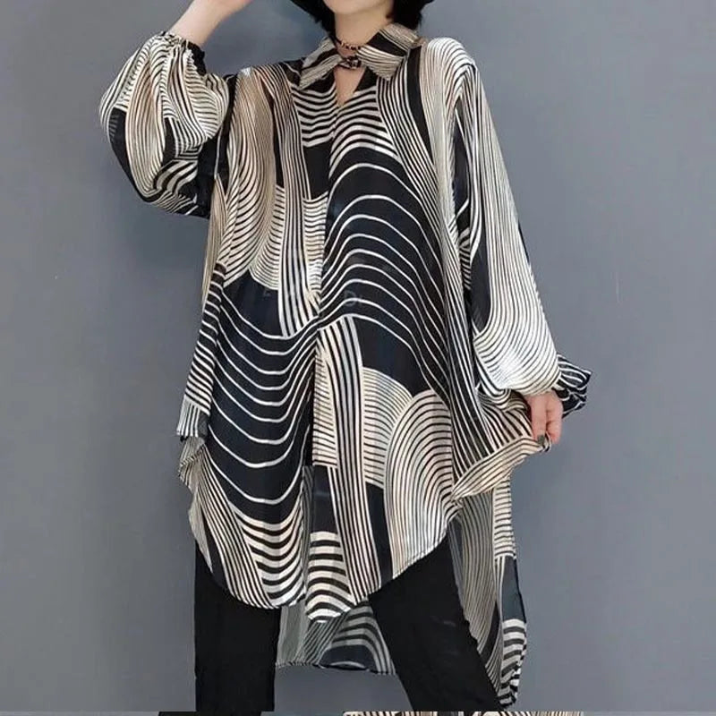 Oversized Striped Chiffon Summer Shirt Women Blouse 2025 Holiday Style Ladies Casual Sunscreen Loose Large Shirts 4XL Tops