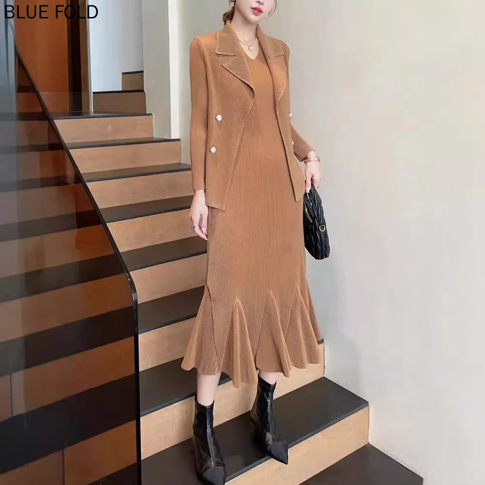 MIYAKE Pleated Autumn Dress Suit High-end Temperament Long Dress Fashionable and Versatile Slim Fit Jacket Two-piece Set Elegant