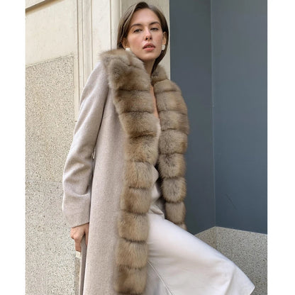 Real Fox Fur Coat New Cashmere Coat Women Luxury Winter Wool Blends Long Jacket Natural Fox Fur Collar