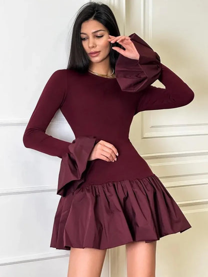 Trendix Long Sleeve Patchwork Ruffle Mini Dress Women Fashion Slim High Waist Party Dresses Vacation Casual Party Burgundy Dress