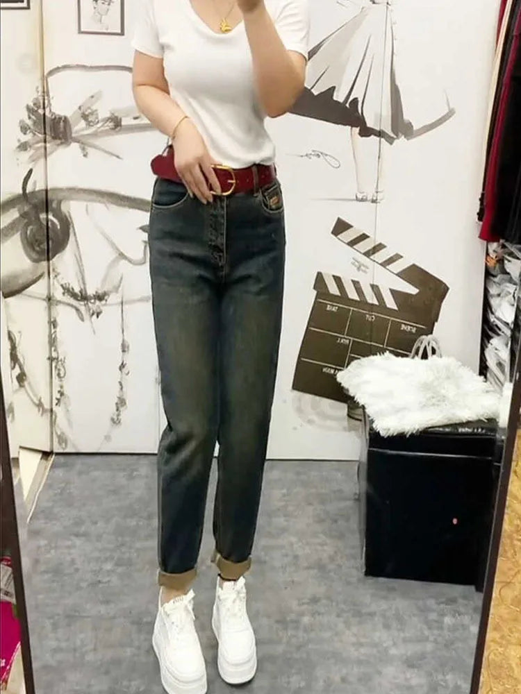 NEW Spring Autumn High Waist Straight Jeans Loose Fit Stretch Haren Denim Pants Ladies Ankle-Length Jeans Pants