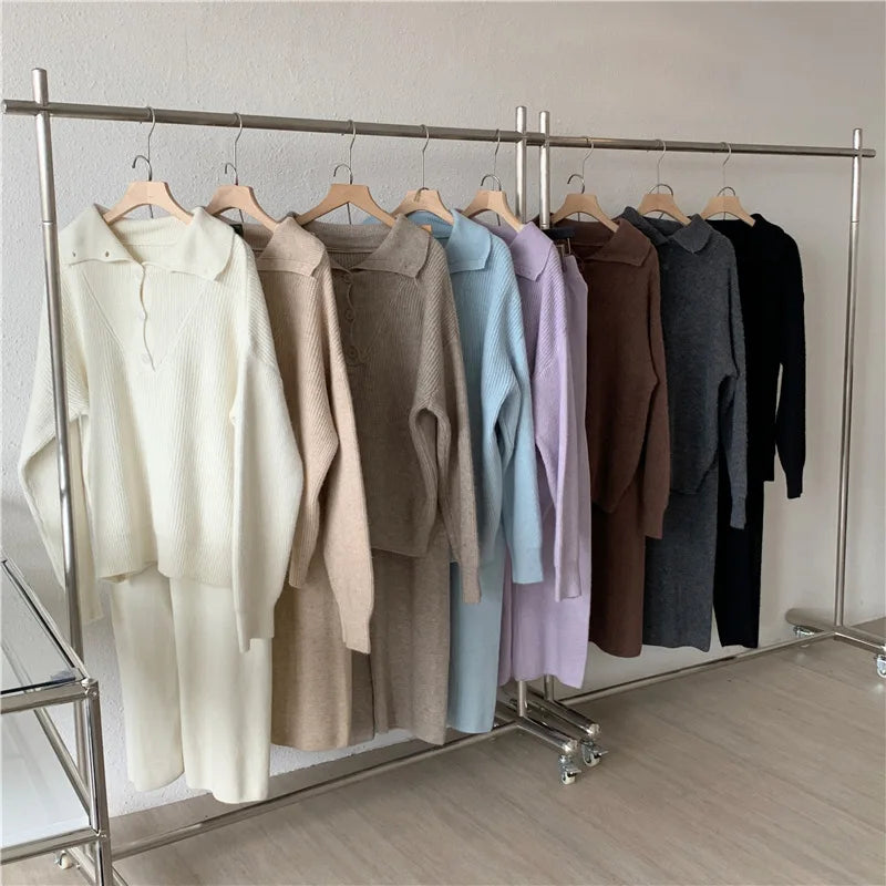 Women Elegant Cashmere Pants Suit for Autumn Winter New Fashion Lapel Sweater Suit Knitwear Casual Pants Female Two-piece Sets