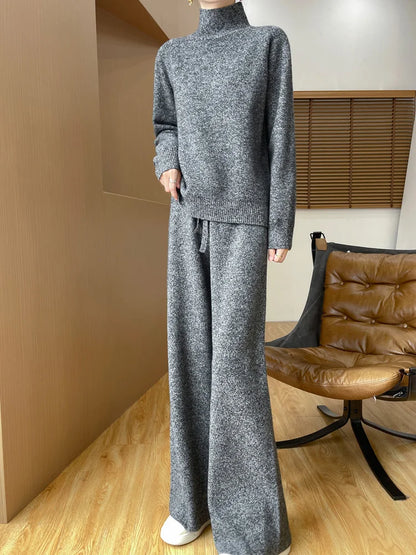 Two Piece Set 100% Wool Gray Series Elements Women's winter Loose Casual Knitted High Collar Sweater Wide Leg Pants Fashion Suit