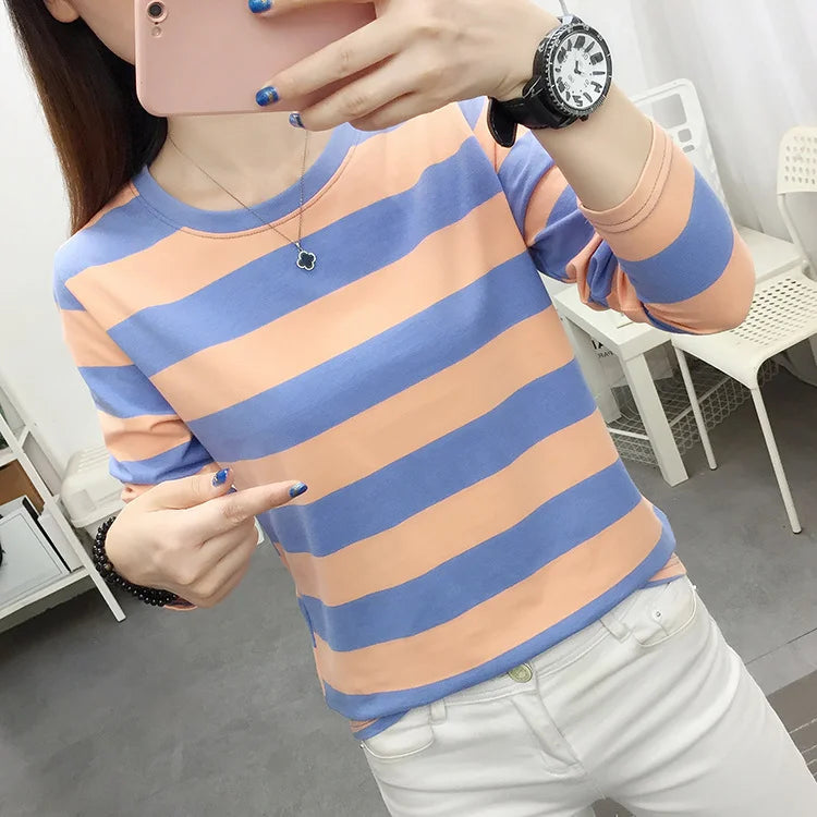 Autumn Loose Pure Cotton Long Sleeve T-shirt Women Clothing Middle-aged Mom Base Shirt Striped Top