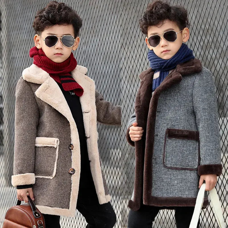 2025 Children Casual Woolen Coat Fall Winter Boys Handsome Plush Velvet Heavy Outerwear Clothes Kids Splicing Pocket Trench Coat