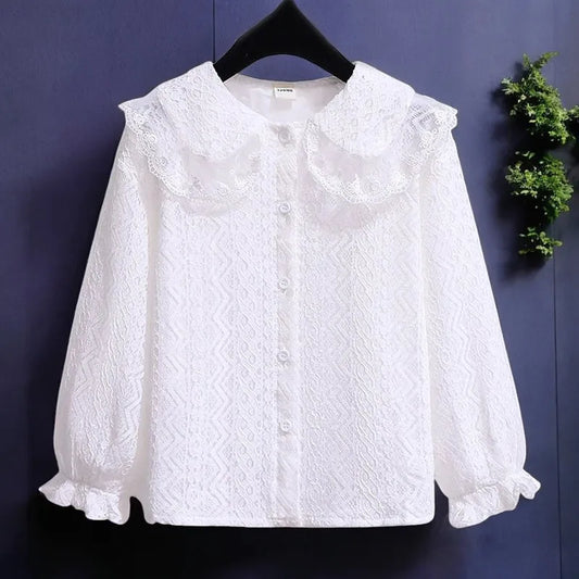 Girls White Lace Blouses for Children Baby Shirt Top Spring & Autumn Kids Full Sleeve White England Style Shirt  Clothes 2-8Y